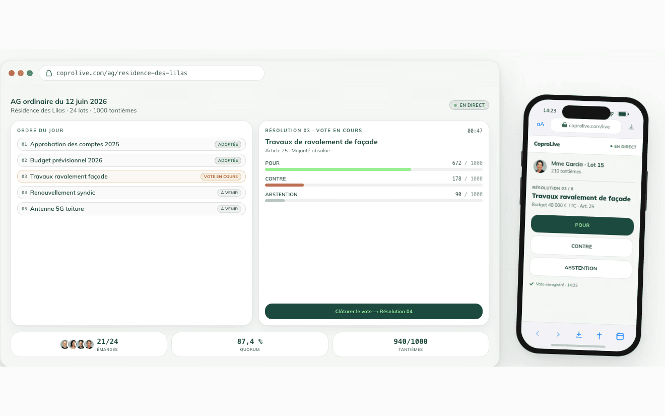 Interface CoproLive : conduite d'AG en direct avec vote par tantièmes, sur desktop et mobile